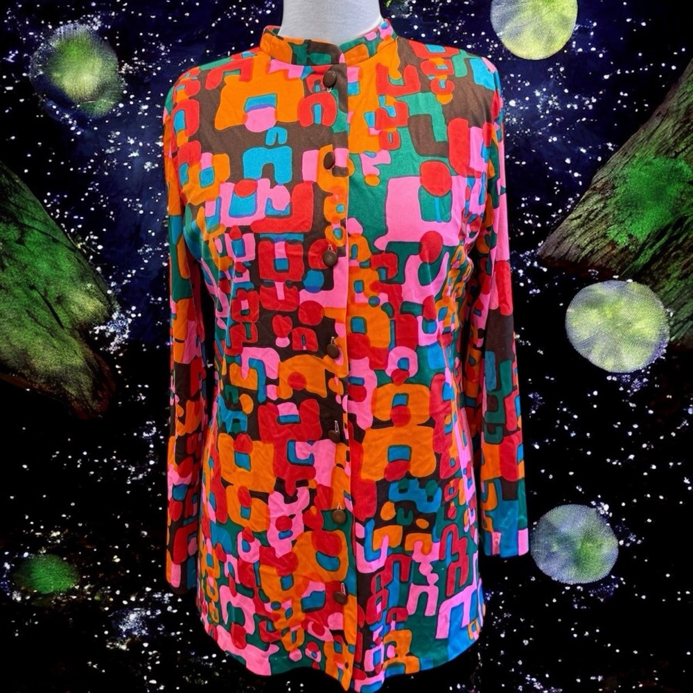 VTG Womens Sz Small Blouse Top Psychedelic Disco Hippie Elizabeth Stewart Party